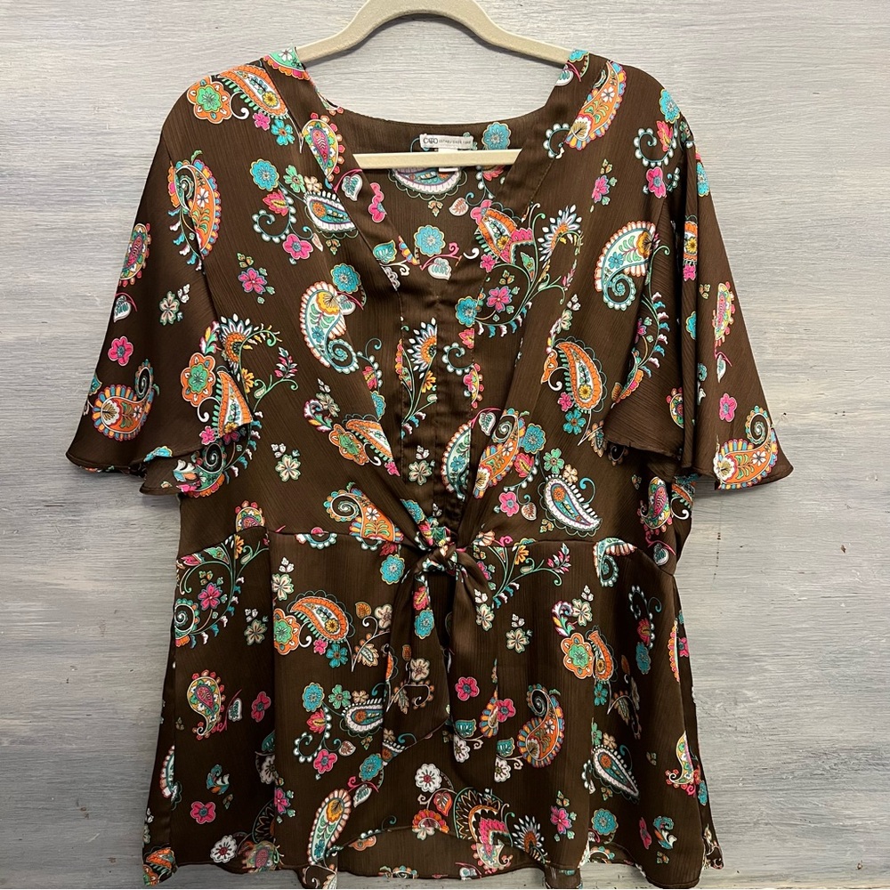 Cato Brown Colorful Paisley V Neck Flutter Sleeve Blouse‎ 22/24 Like New